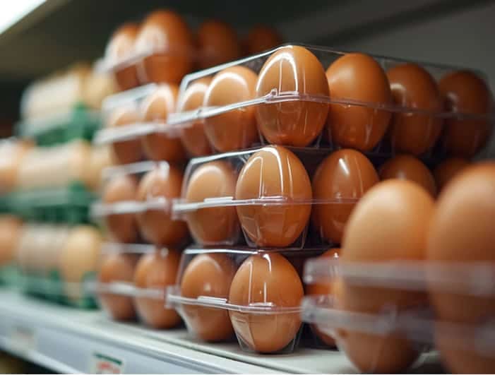 Fresh brown eggs on a store shelf, emphasizing quality and farm freshness.