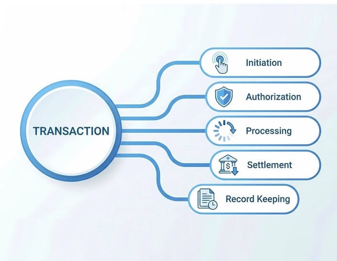 1. Transaction process flow diagram with initiation, authorization, processing, settlement, and record keeping.