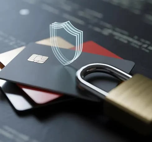 Secure credit card with digital shield for payment security and fraud protection.
