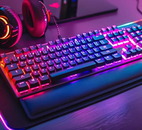 Colorful gaming keyboard with RGB backlighting and headphones on a desk.