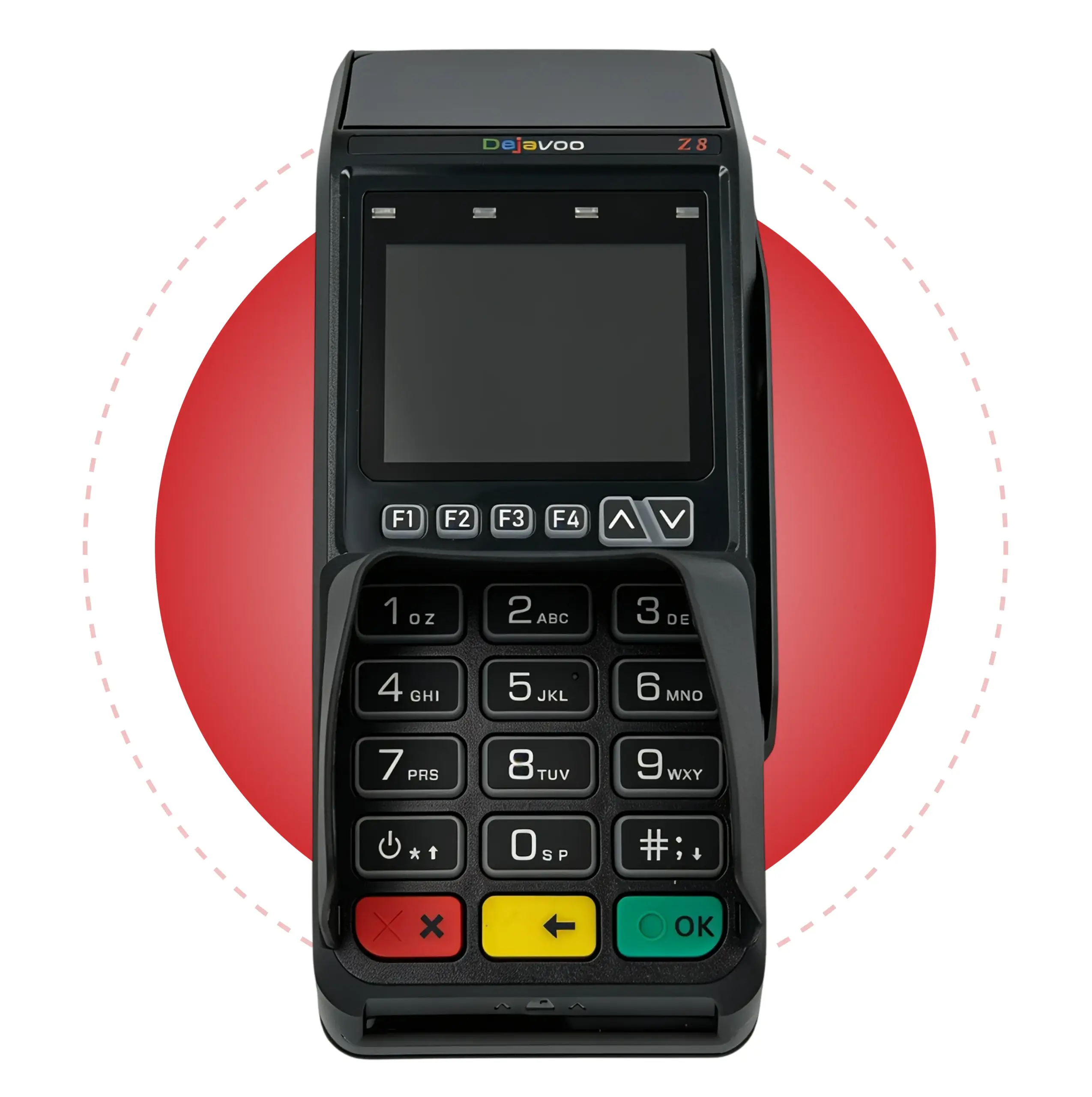 Dejavoo Z8 countertop payment terminal showing touchscreen, connectivity, printer, and security features