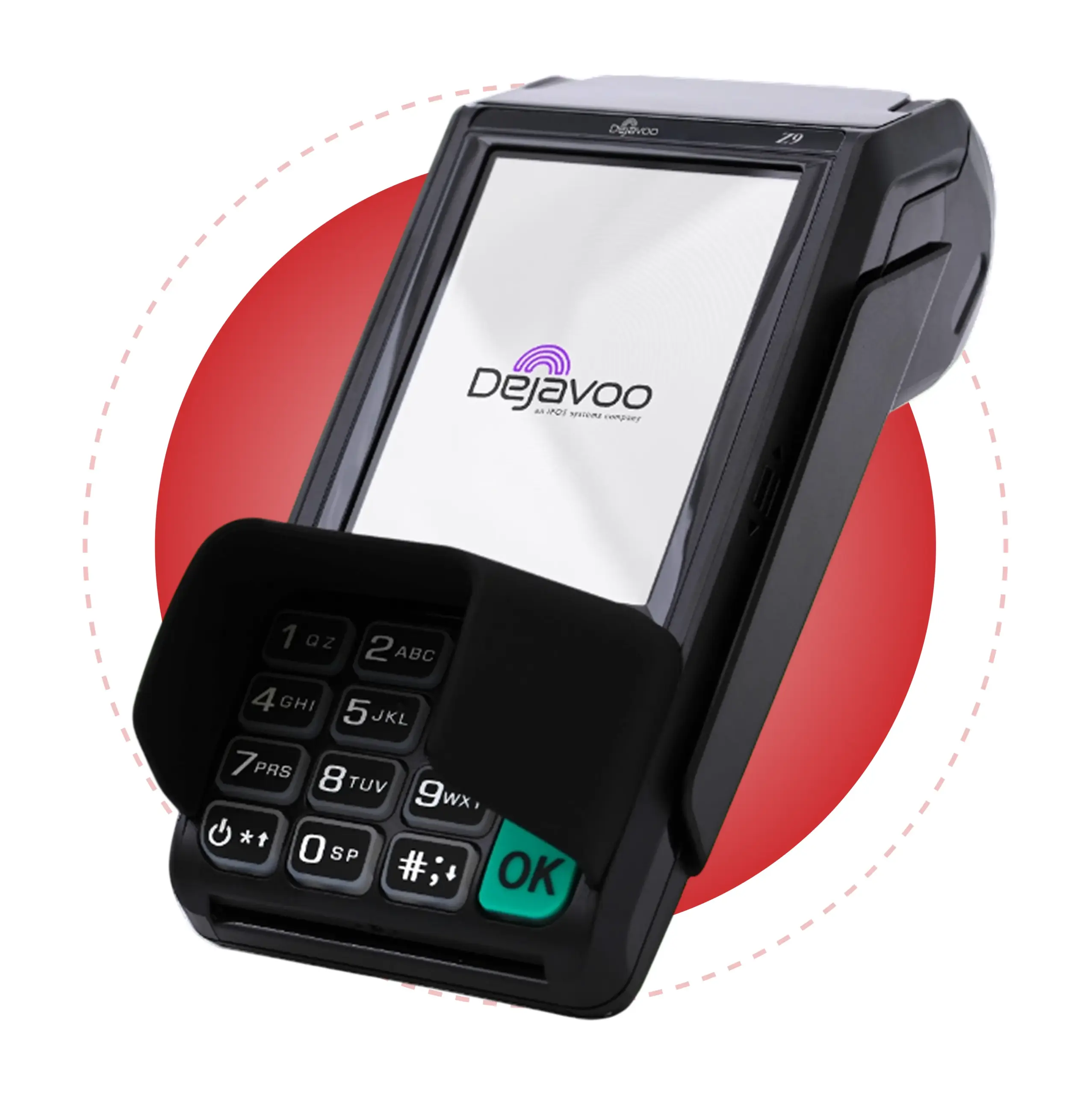 Dejavoo Z9 wireless payment terminal showing touchscreen, payment acceptance, connectivity, printer, and security features