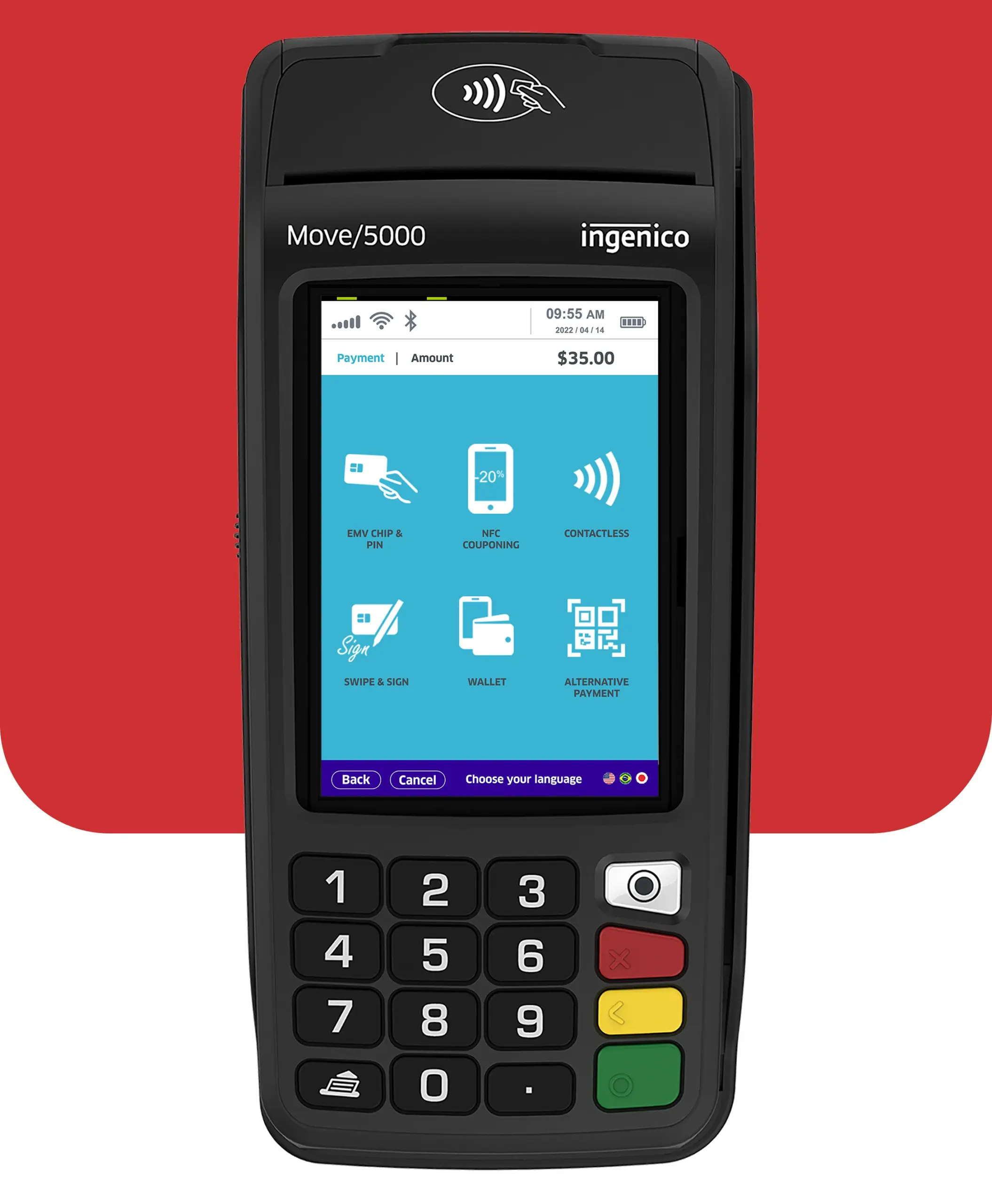 Ingenico Move 5000 portable payment terminal with touchscreen, keypad, contactless support, and receipt printer
