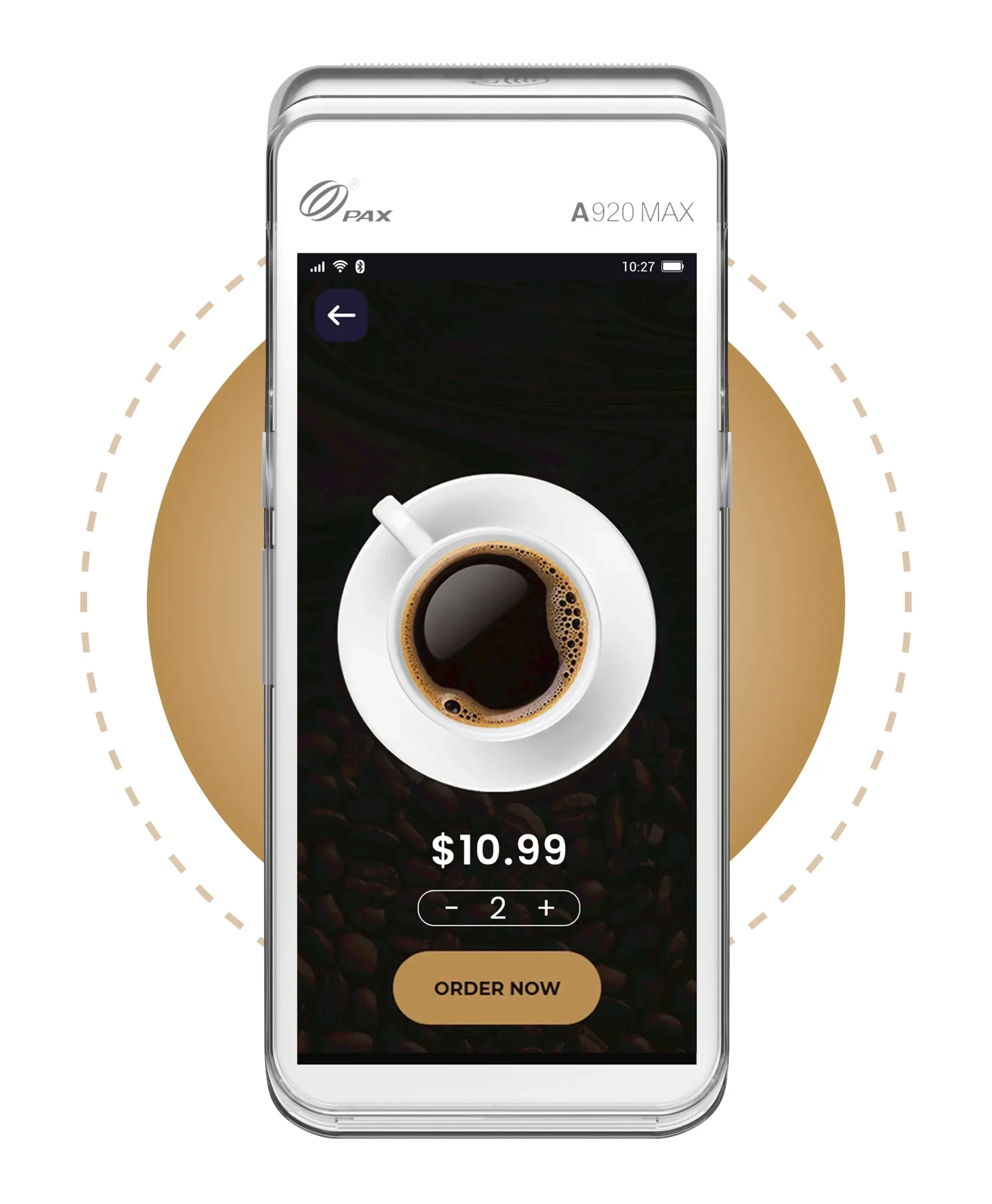 PAX A920 Max SmartPOS terminal highlighting mobile checkout, large touchscreen, scanning, security, and business app capabilities