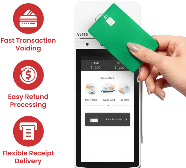 Valor VL550 POS terminal with contactless card showing transaction voiding, refund processing, and receipt delivery features