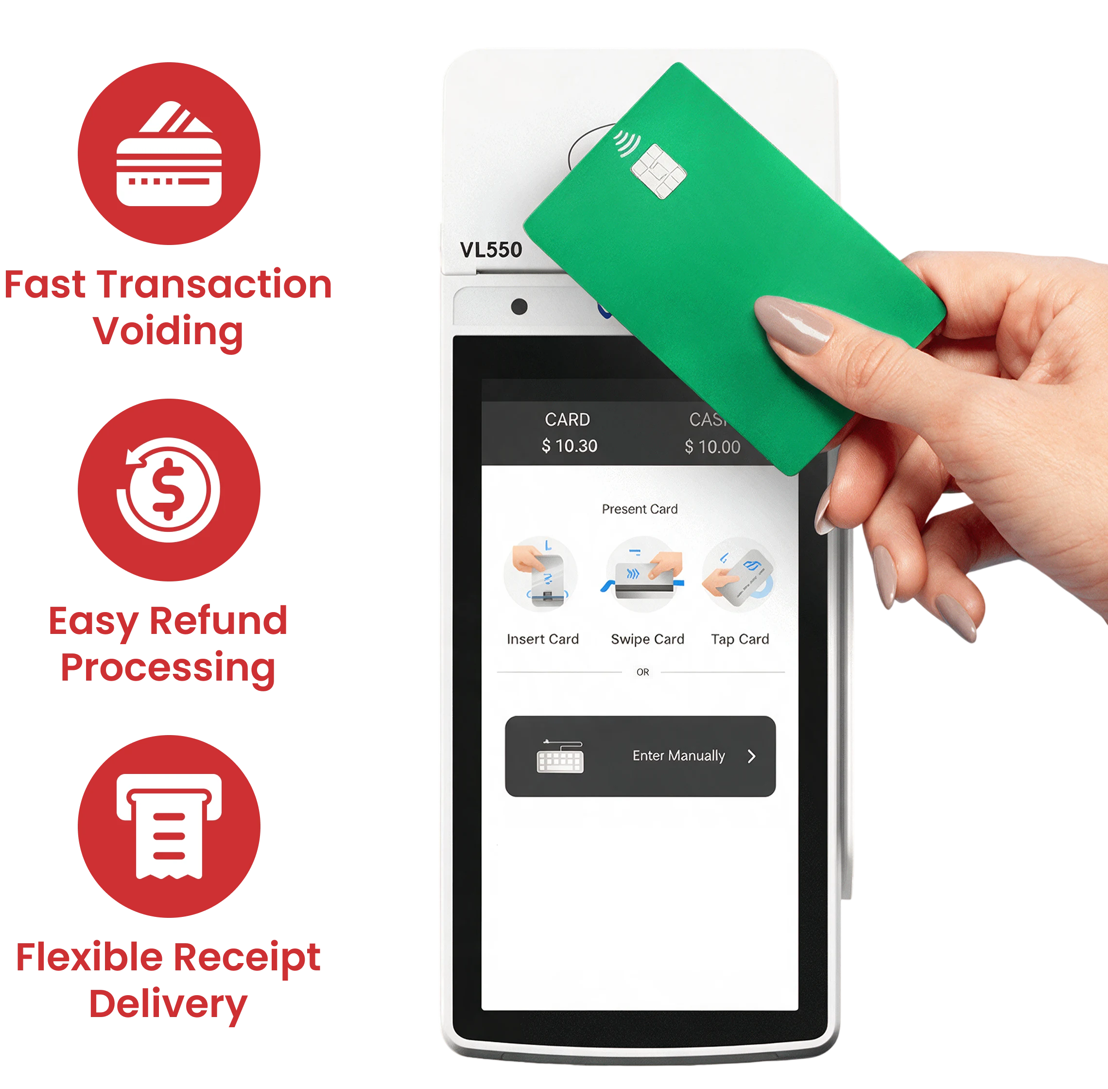 Valor VL550 POS terminal with contactless card showing transaction voiding, refund processing, and receipt delivery features