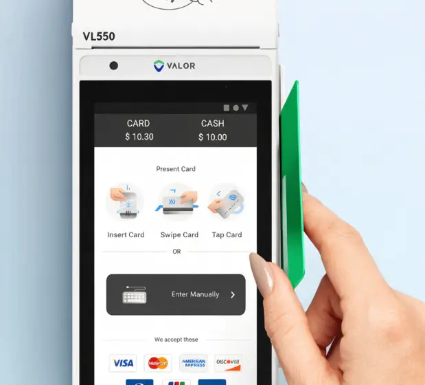 Valor VL550 POS terminal showing tap, chip, swipe, and manual entry options for card and debit payments