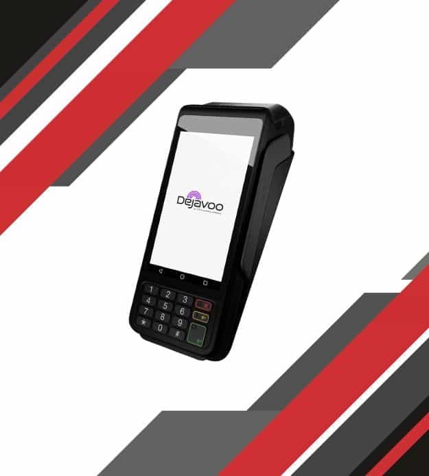 Mobile payment terminal with Dejavoo logo for host merchant services solutions.