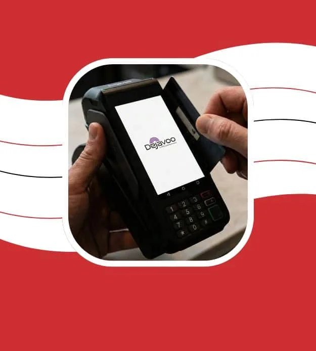 Mobile payment terminal with Dejavoo logo, secure credit card processing technology.