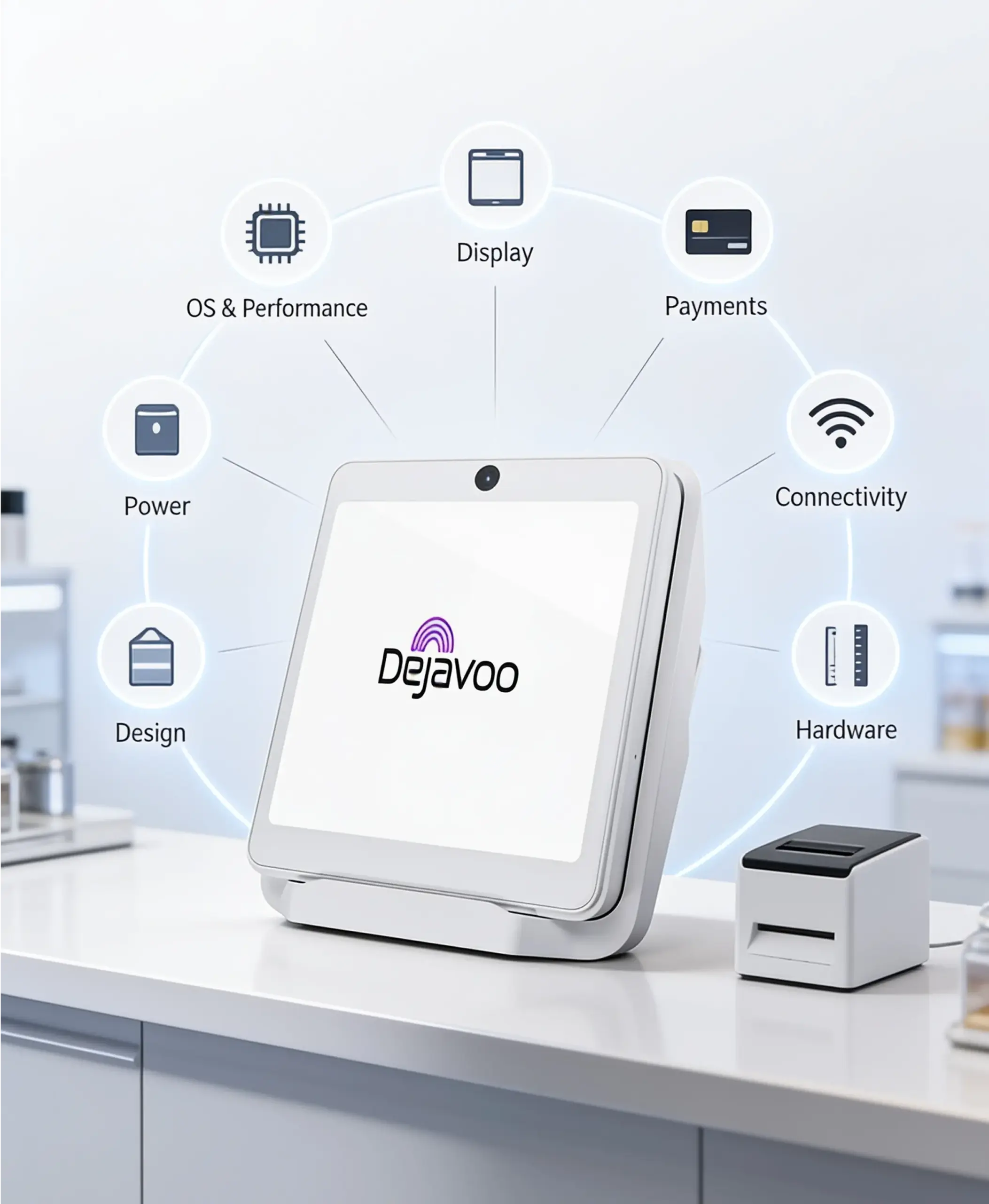 Dejavoo P12 payment terminal highlighting operating system, display, payments, connectivity, hardware, and power specifications