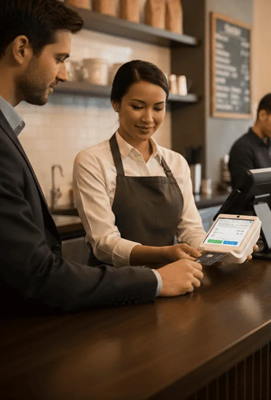 Secure mobile payment processing at a café with Host Merchant Services; seamless transactions for small businesses.