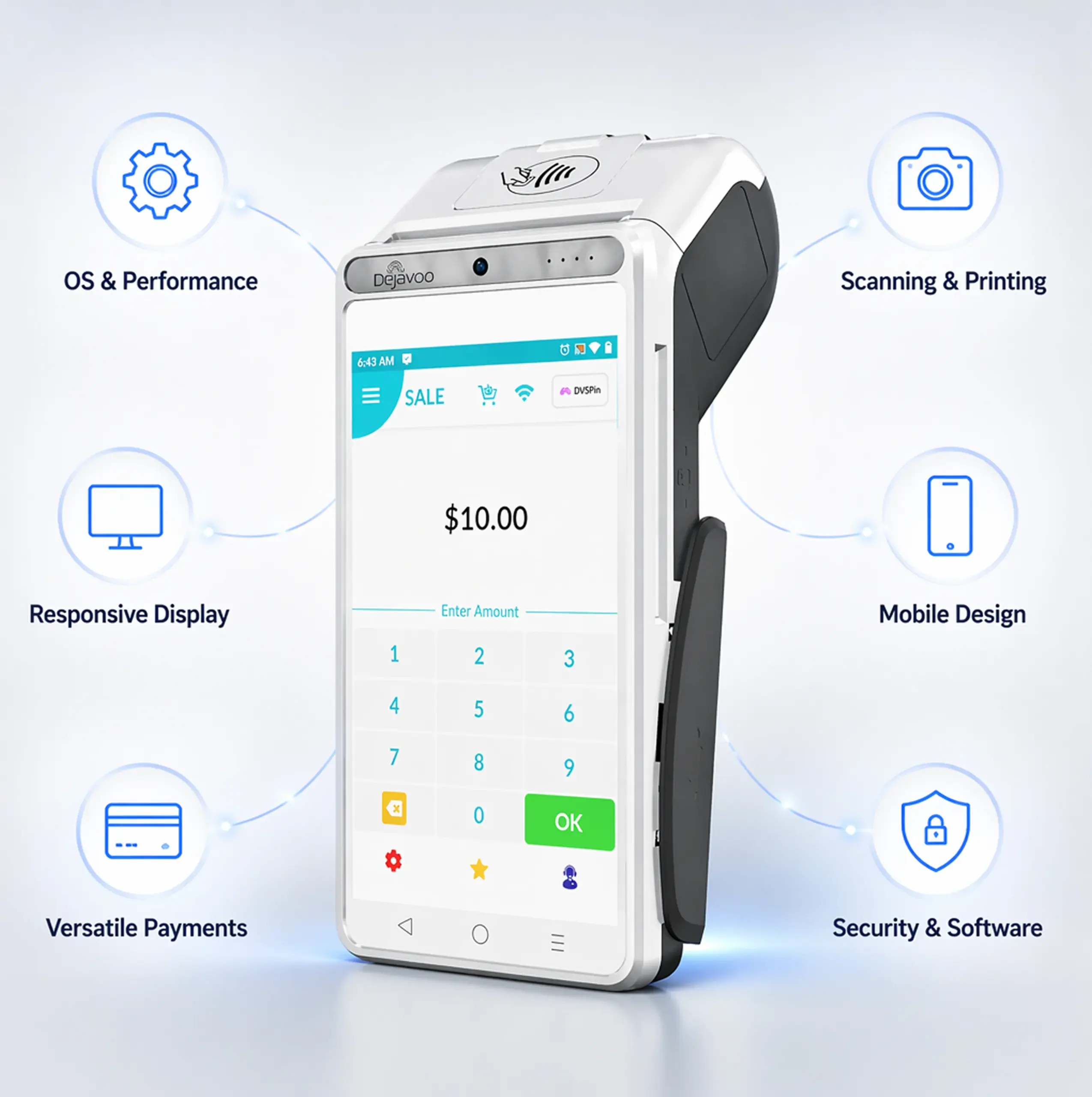 Dejavoo QD2 countertop payment terminal supporting credit card sales, refunds, voids, and transaction management