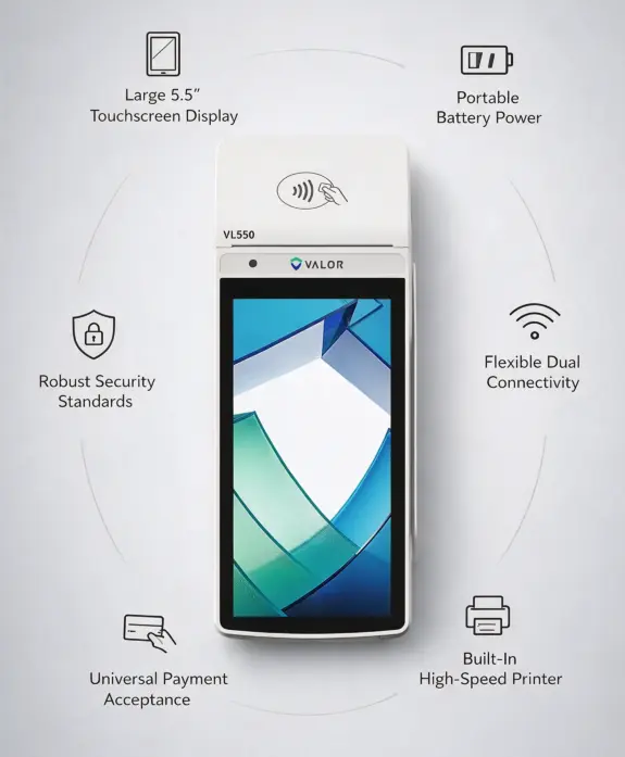Valor VL550 Android POS terminal highlighting secure payments, flexible connectivity, and built-in receipt printing