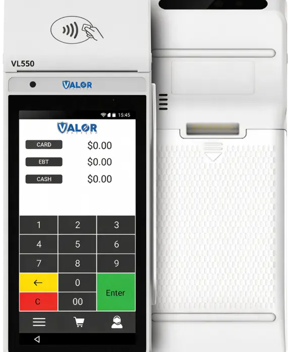 Valor VL550 POS terminal showing touchscreen payment options and integrated high-speed thermal receipt printer