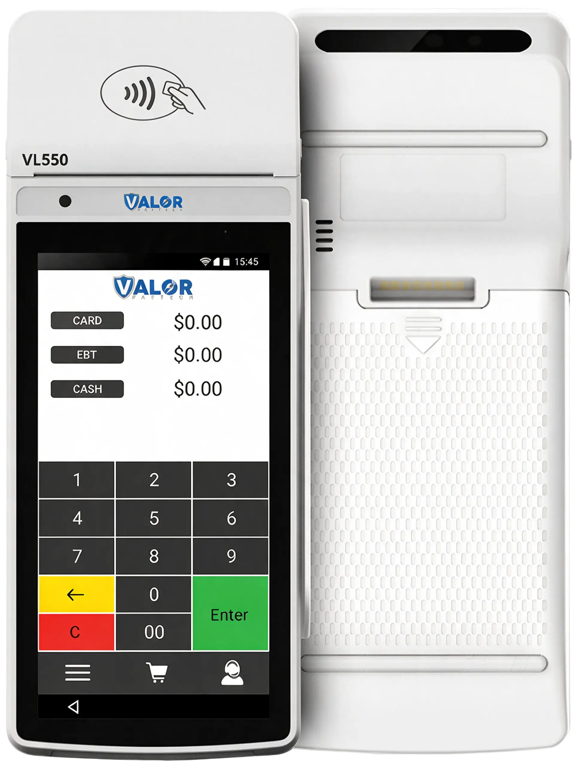 Valor VL550 POS terminal showing touchscreen payment options and integrated high-speed thermal receipt printer