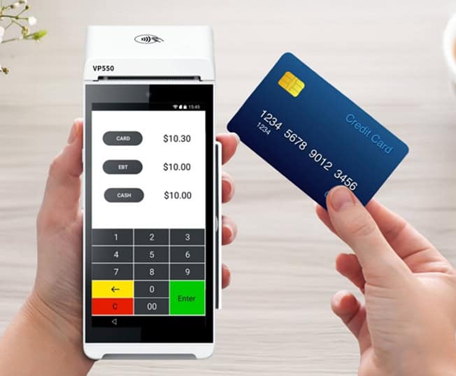 Contactless payment terminal with credit card transaction processing.