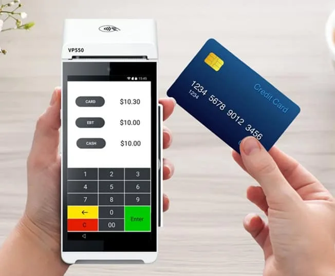Contactless payment terminal with credit card transaction processing.