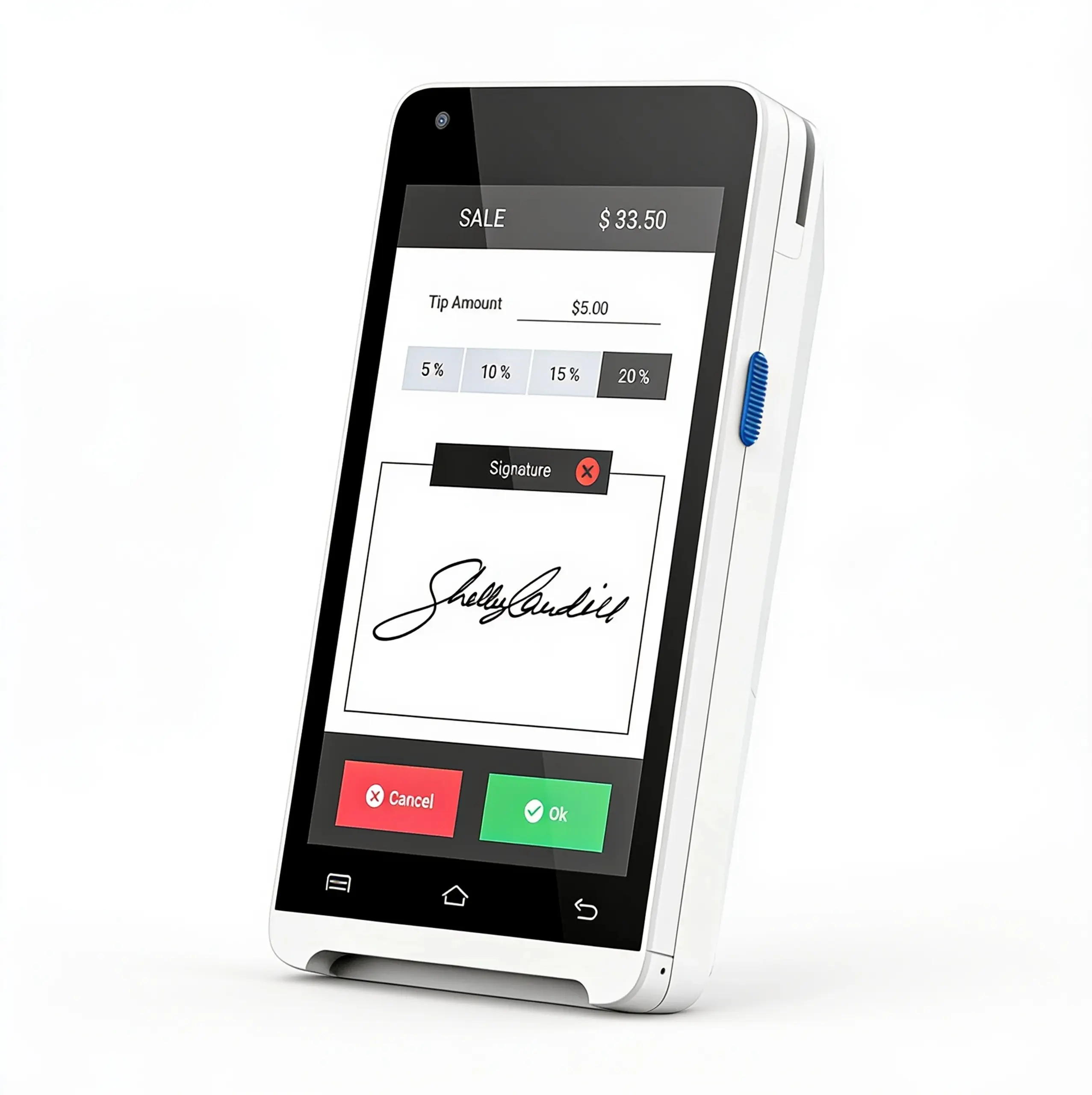 Valor VP350 Android PIN Pad with touchscreen displaying payment and signature capture interface