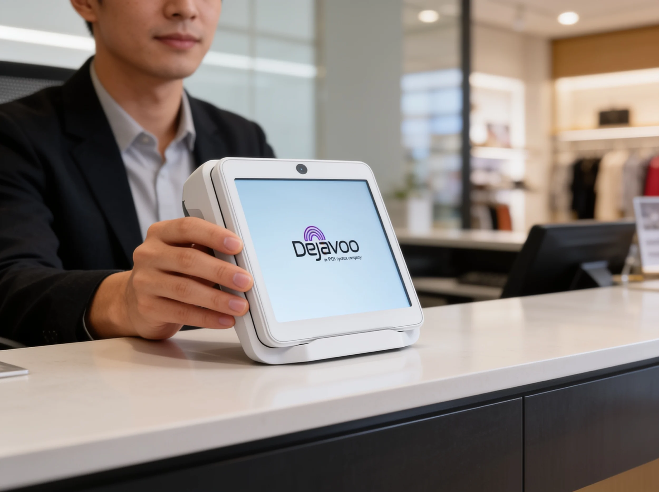 Business professional using a Dejavoo P12 payment terminal at a retail checkout counter