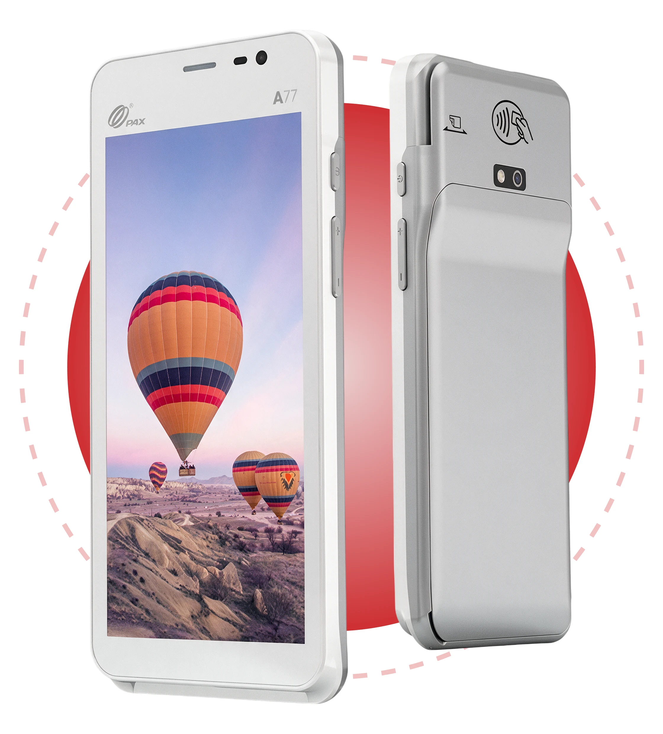 PAX A77 Smart MiniPOS+ shown from front and back for portable mobile payment processing