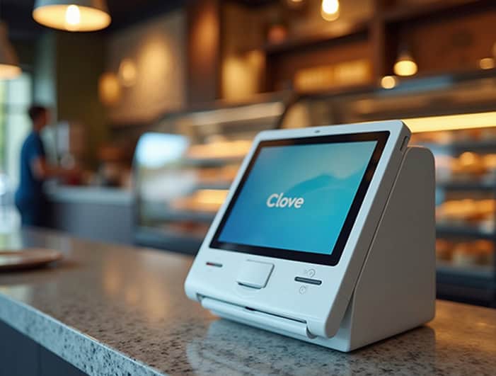 Contactless payment device at cafe for seamless merchant transactions.