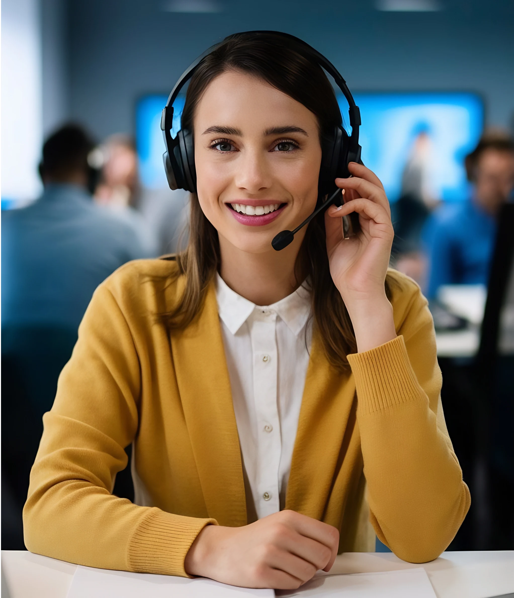 Customer support representative wearing a headset assisting with First Data RP10 PIN Pad questions