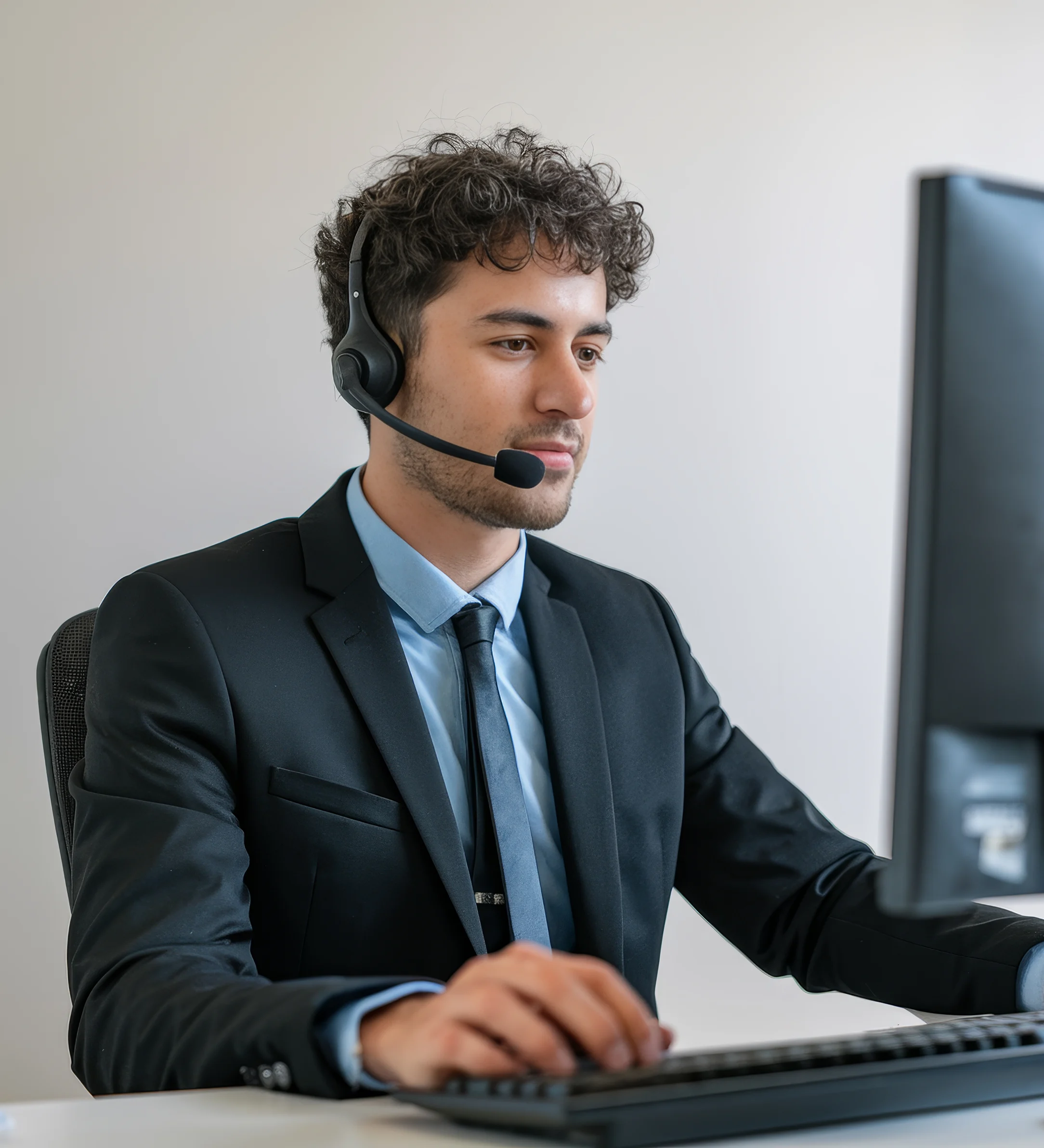 Customer support representative wearing a headset while assisting with PAX D195 payment terminal questions