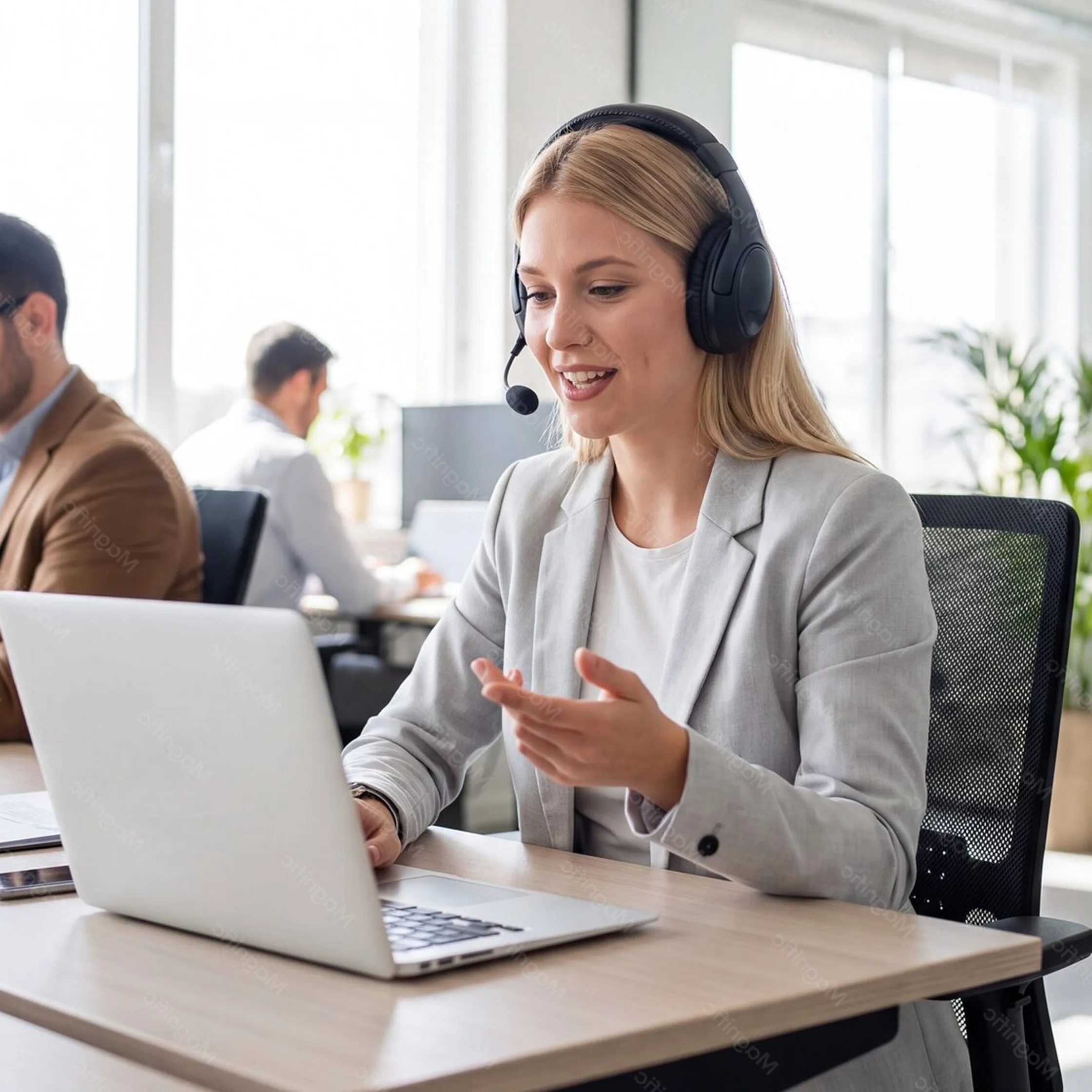 Customer support representative wearing a headset assisting with PAX A77 mobile payment terminal questions