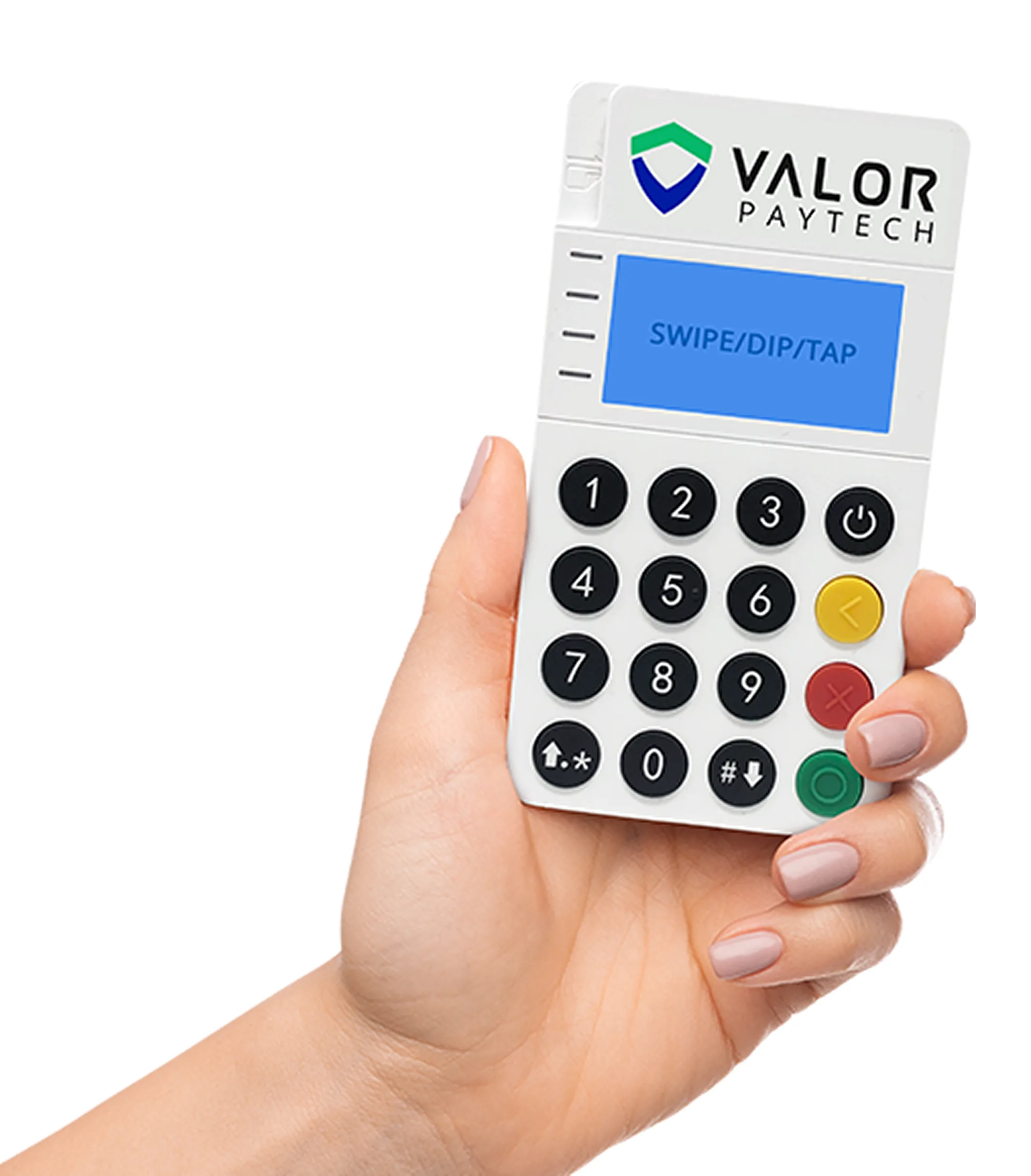 Hand holding a Valor RCKT Mobile POS terminal for portable chip, swipe, and contactless payment acceptance