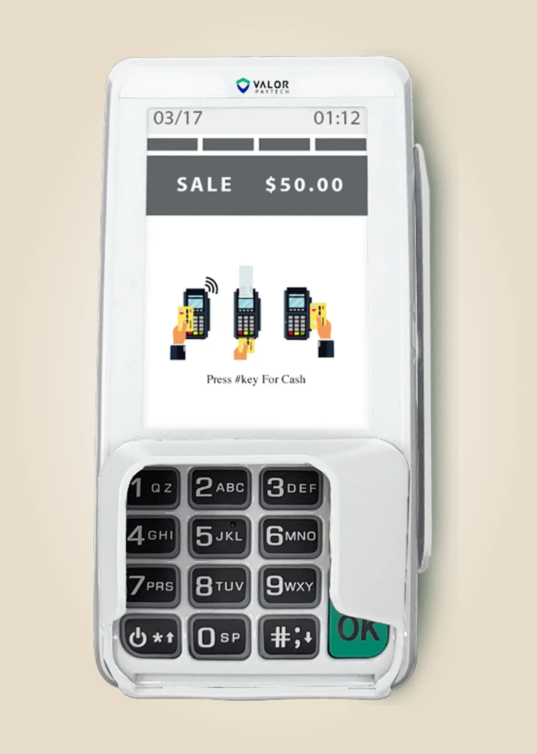 Valor VL300 Smart PIN Pad displaying a sale transaction screen with touchscreen and secure physical keypad