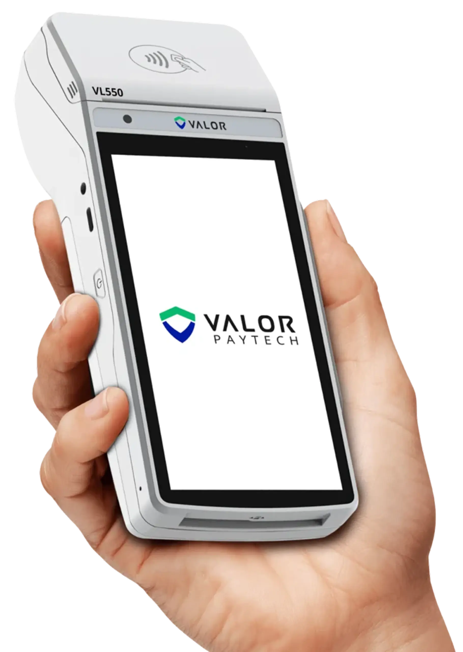 Valor VL550 portable Android POS terminal held in hand with Valor PayTech branding displayed on the touchscreen