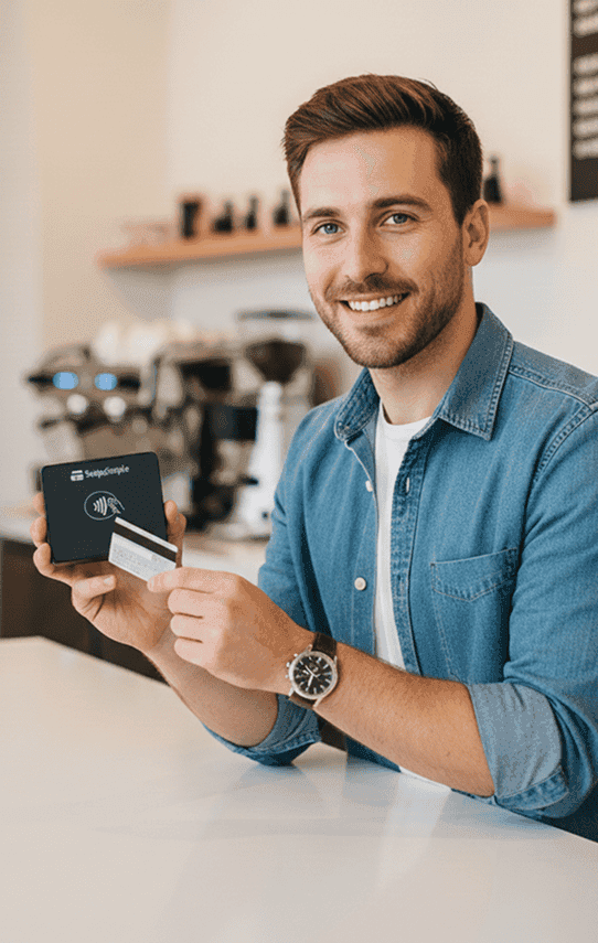Contactless payment with a credit card and smartphone at a modern retail checkout.