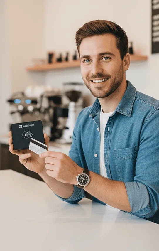 Contactless payment with a credit card and smartphone at a modern retail checkout.