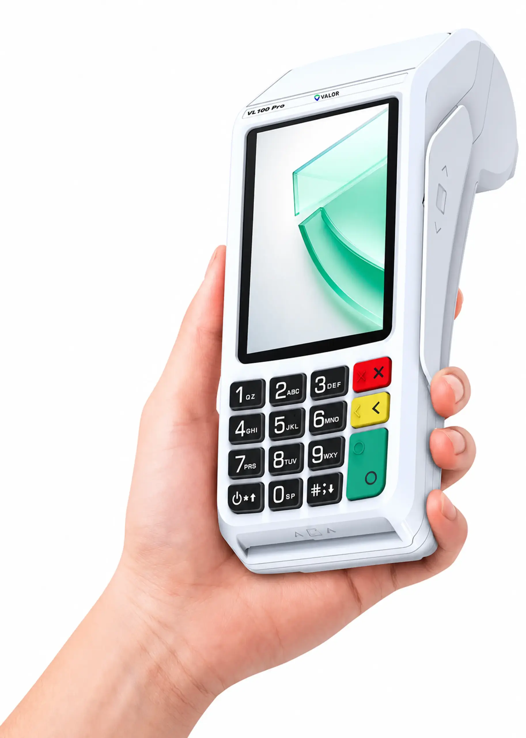 Valor VL100 Pro payment terminal processing a contactless credit card payment