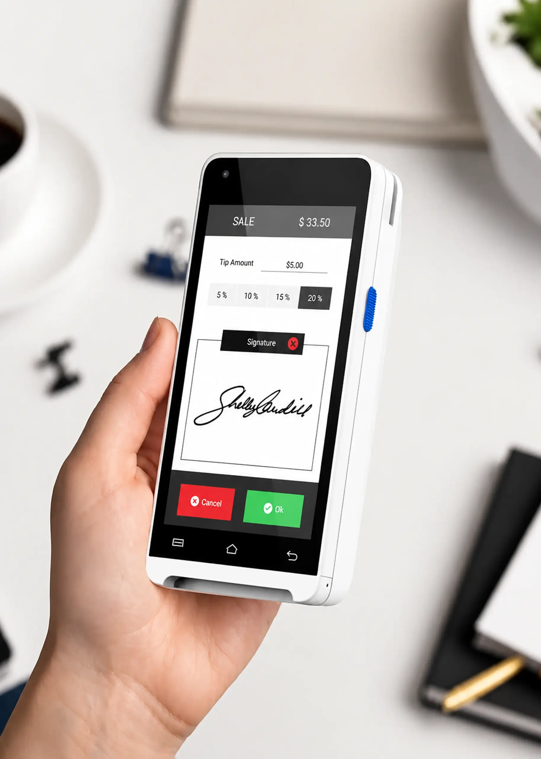 Valor VP350 Android PIN Pad displaying touchscreen signature capture for secure in-person payment processing