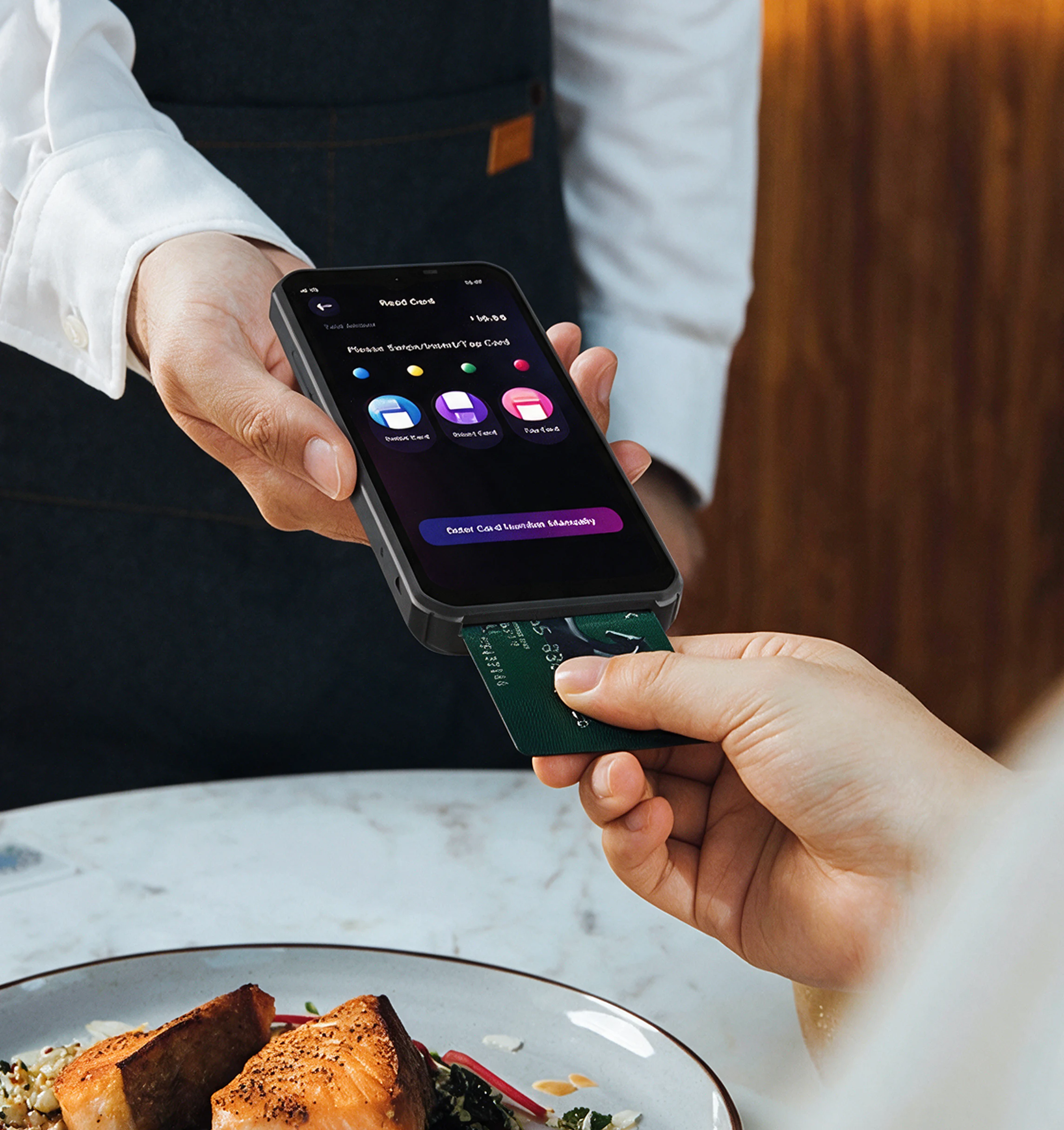 Customer presenting a payment card to a PAX A6630 mobile POS terminal during a restaurant transaction