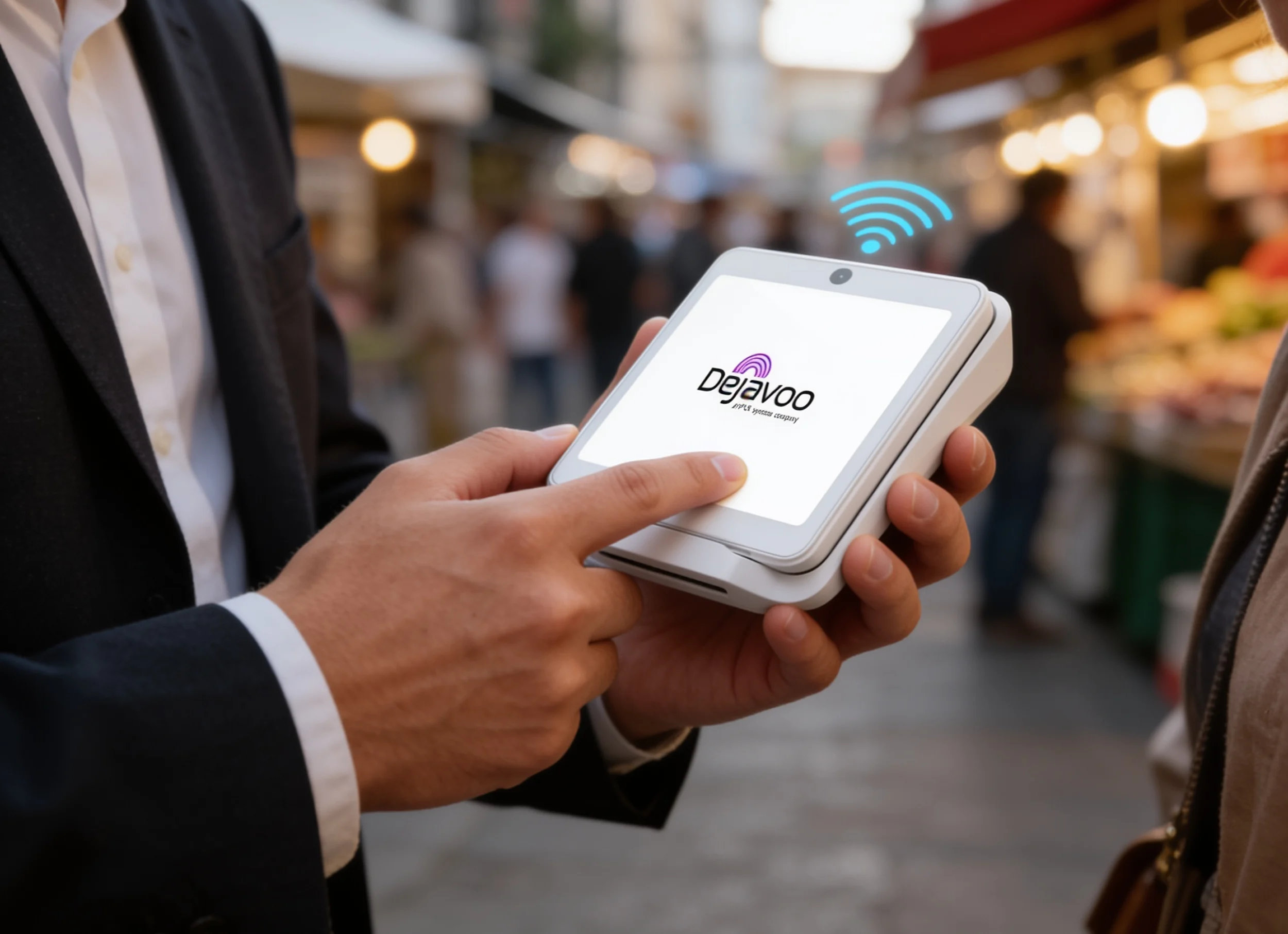 Business professional using a Dejavoo P12 mobile payment terminal with touchscreen and wireless connectivity