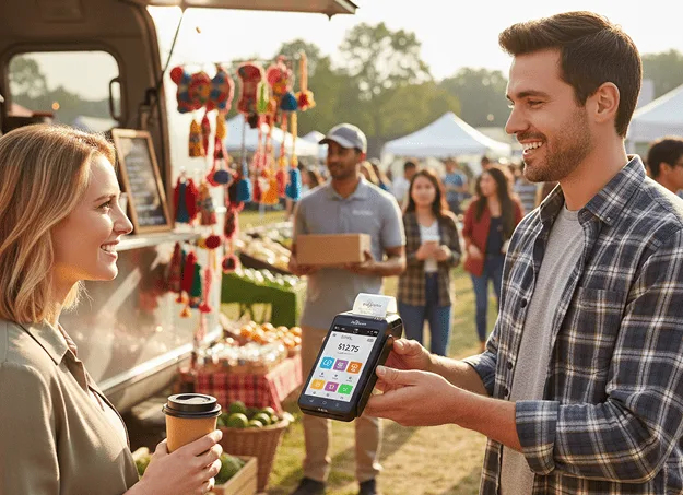 Contactless payment processing at outdoor market with friendly customer.