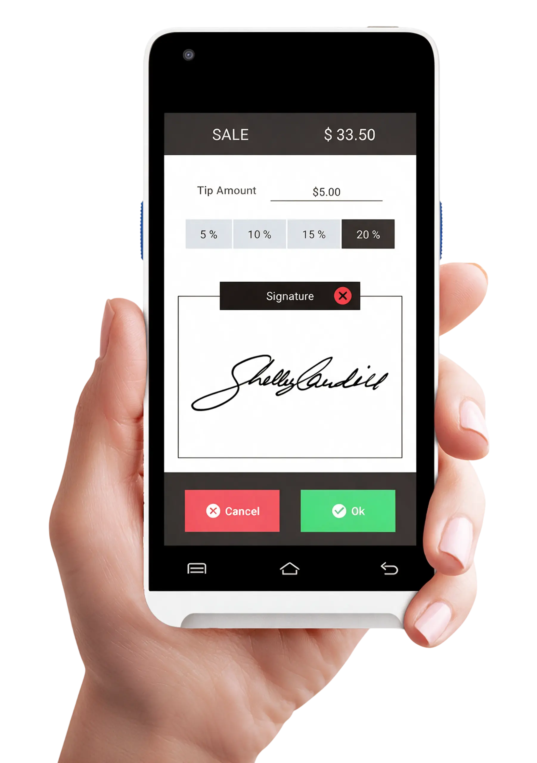 Valor VP550E POS terminal held in hand showing tip selection and touchscreen signature capture