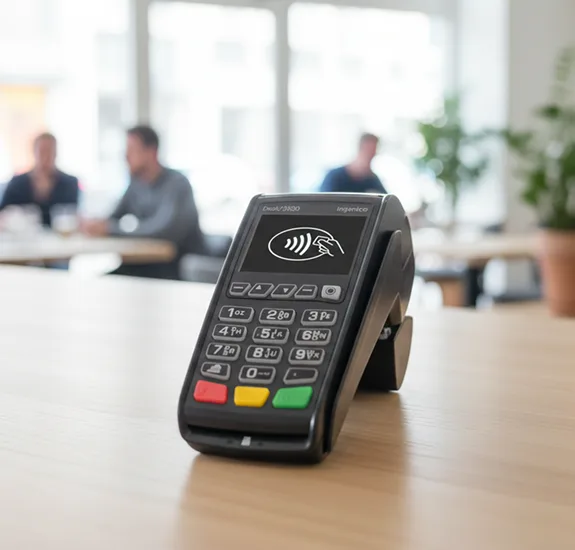 Contactless payment terminal for secure transactions at Host Merchant Services.