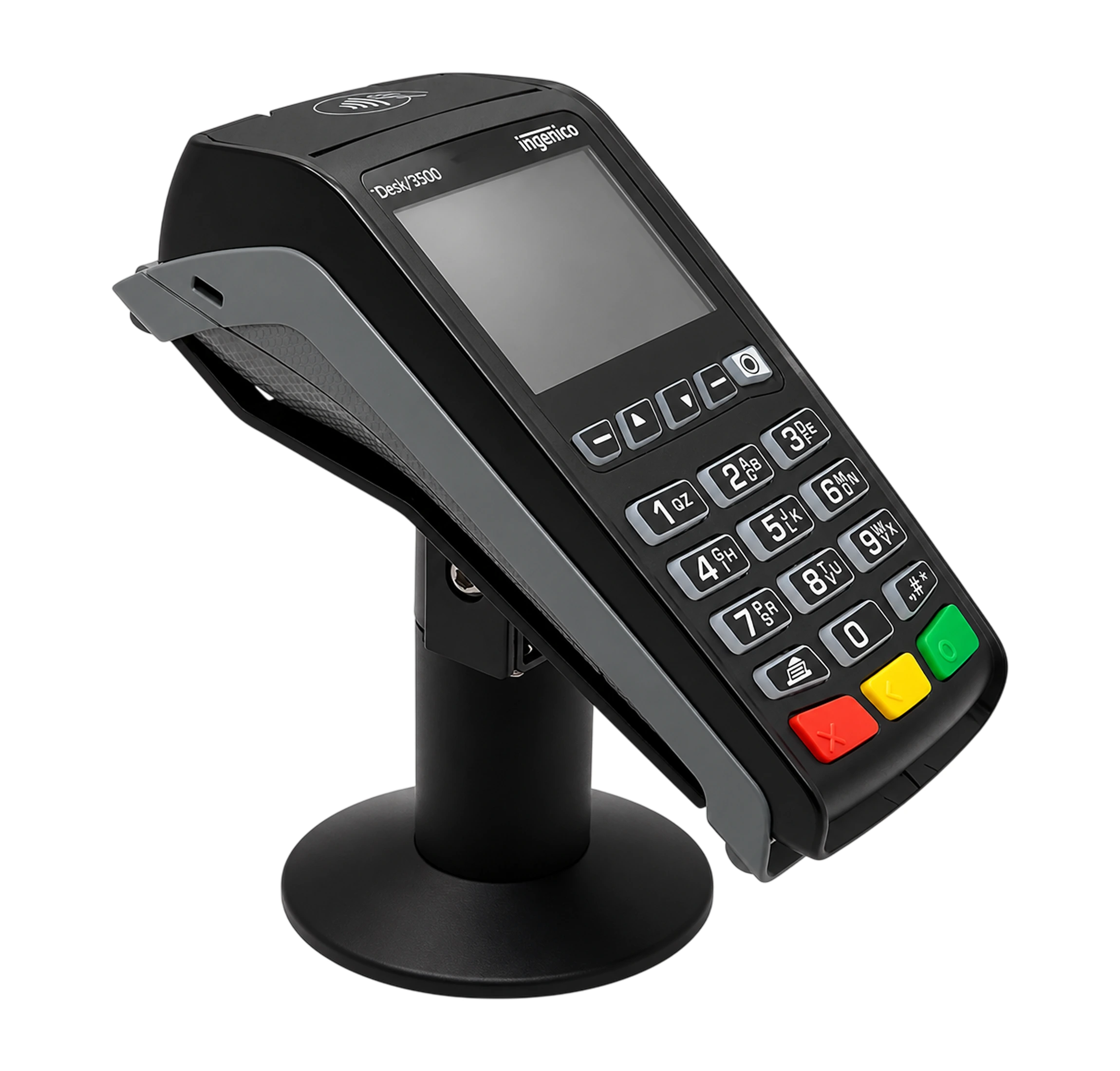 Ingenico Desk 3500 countertop payment terminal demonstrating a secure card sale transaction process
