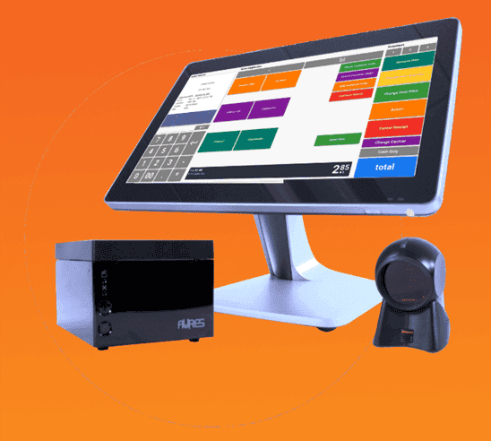 Point-of-sale payment terminal with integrated touchscreen and card reader for business transactions.