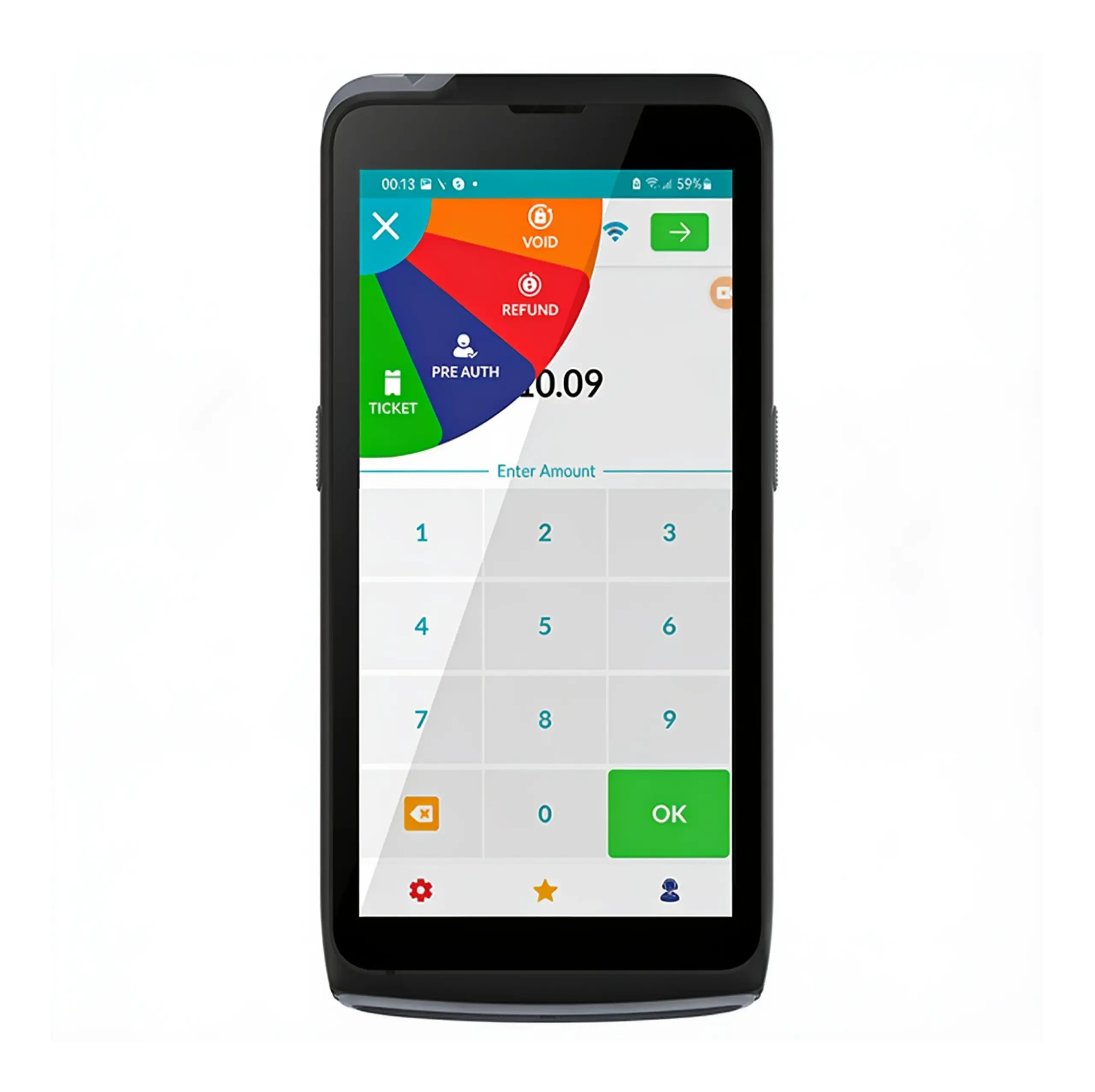 Dejavoo P5 Android mPOS PIN Pad displaying a payment screen for card transactions and secure PIN entry