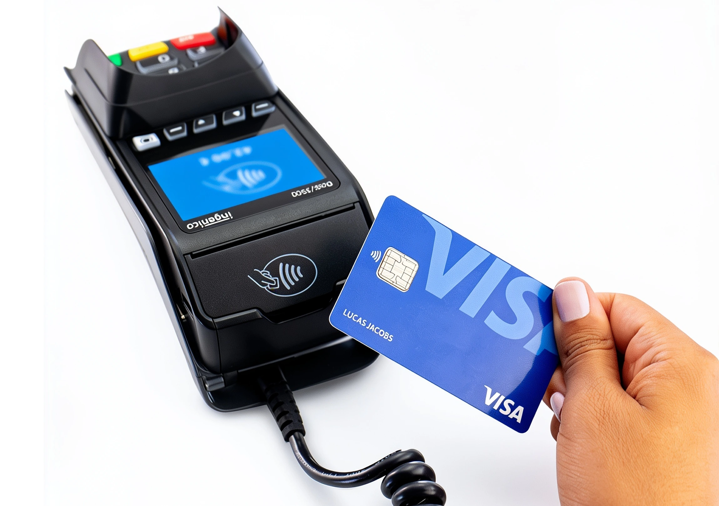 Ingenico Desk 3500 countertop payment terminal demonstrating manual batch settlement and payment processing