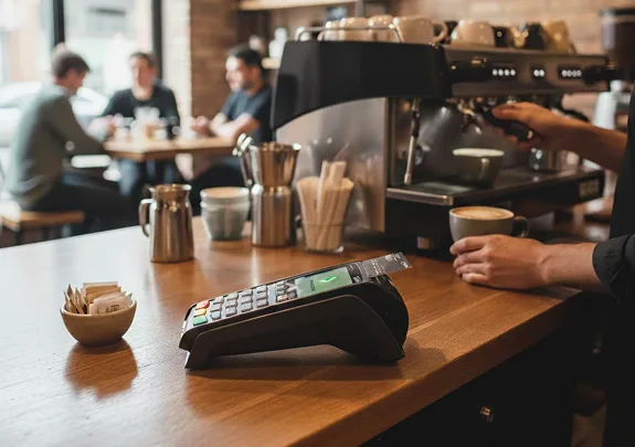 Contactless payment terminal with mobile device for Host Merchant Services solutions.
