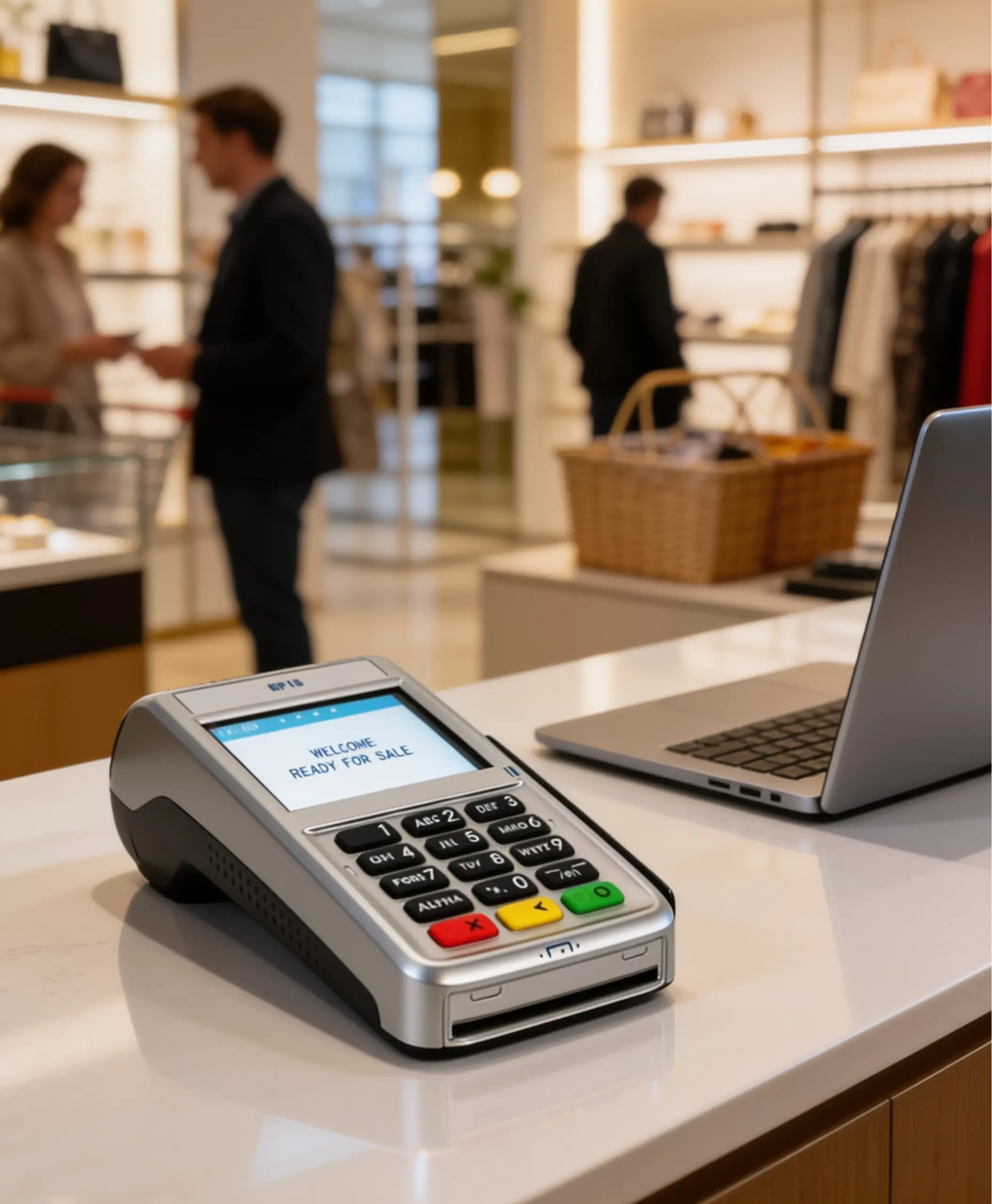 First Data RP10 PIN Pad positioned on a retail checkout counter beside a laptop for payment processing