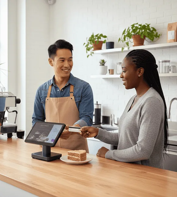 Contactless payment transaction at Host Merchant Services in a cafe setting.