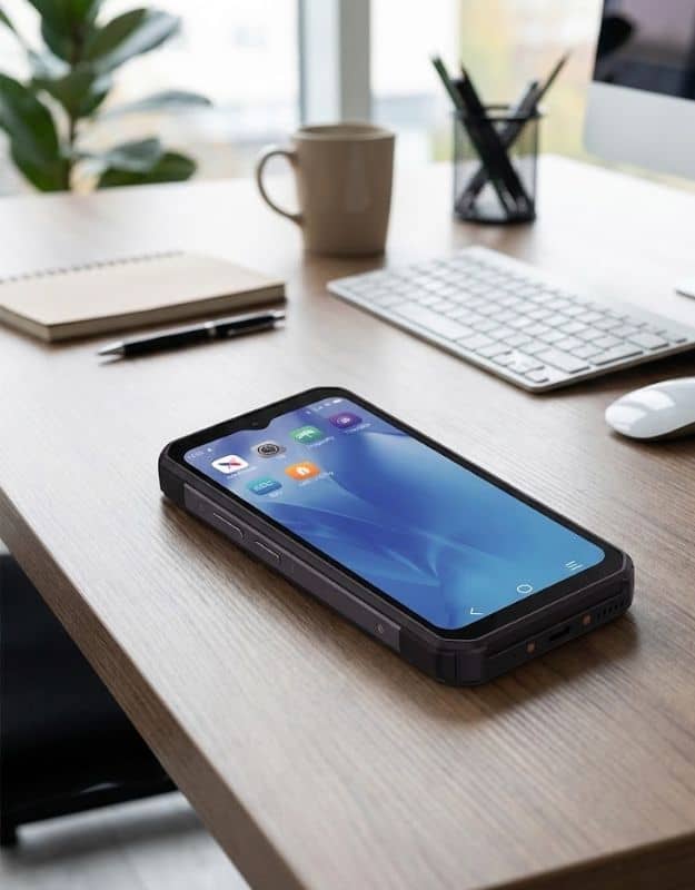 Mobile payment device on a modern office desk for Host Merchant Services SEO.