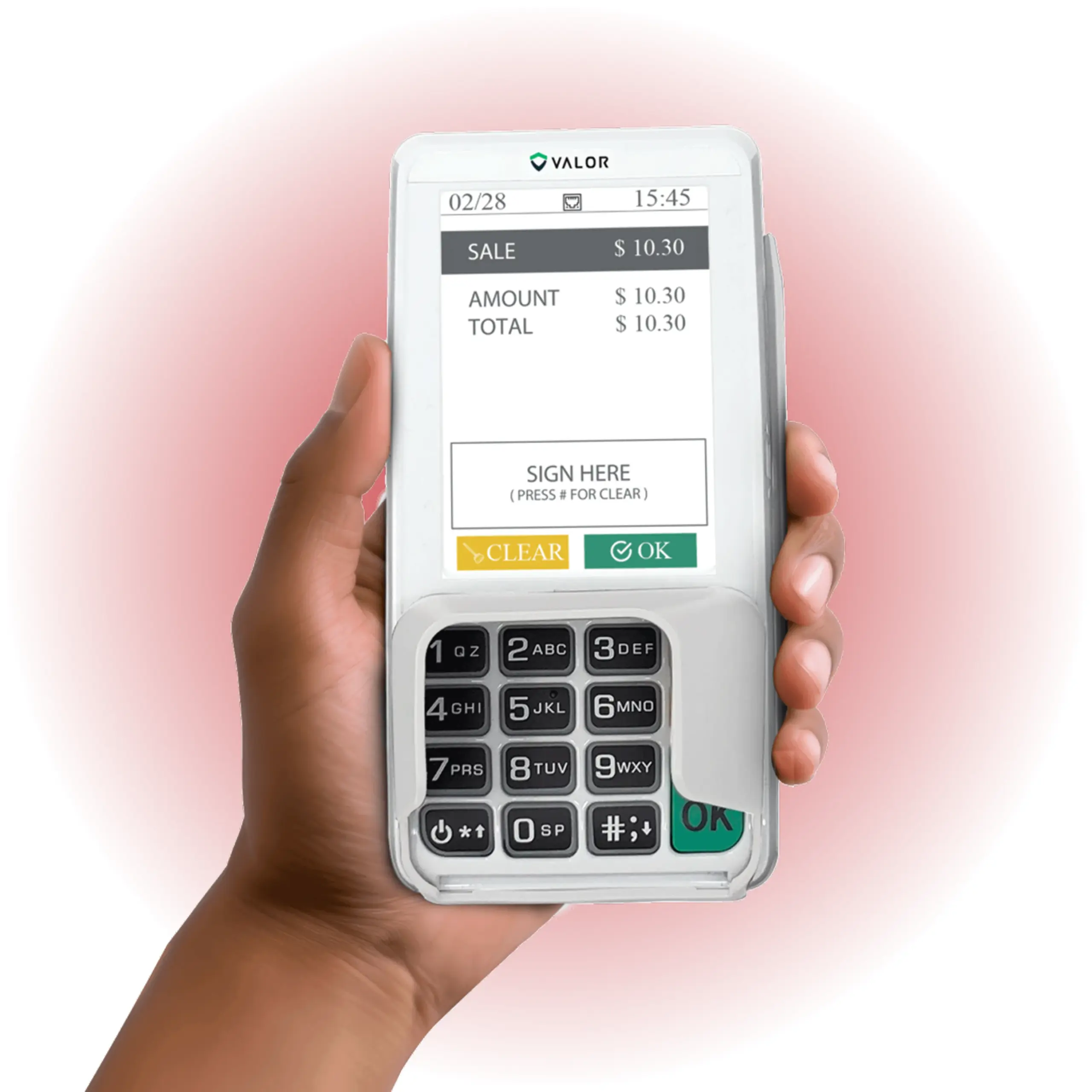 Valor VL300 Smart PIN Pad displaying a payment transaction screen for secure debit processing and transaction management