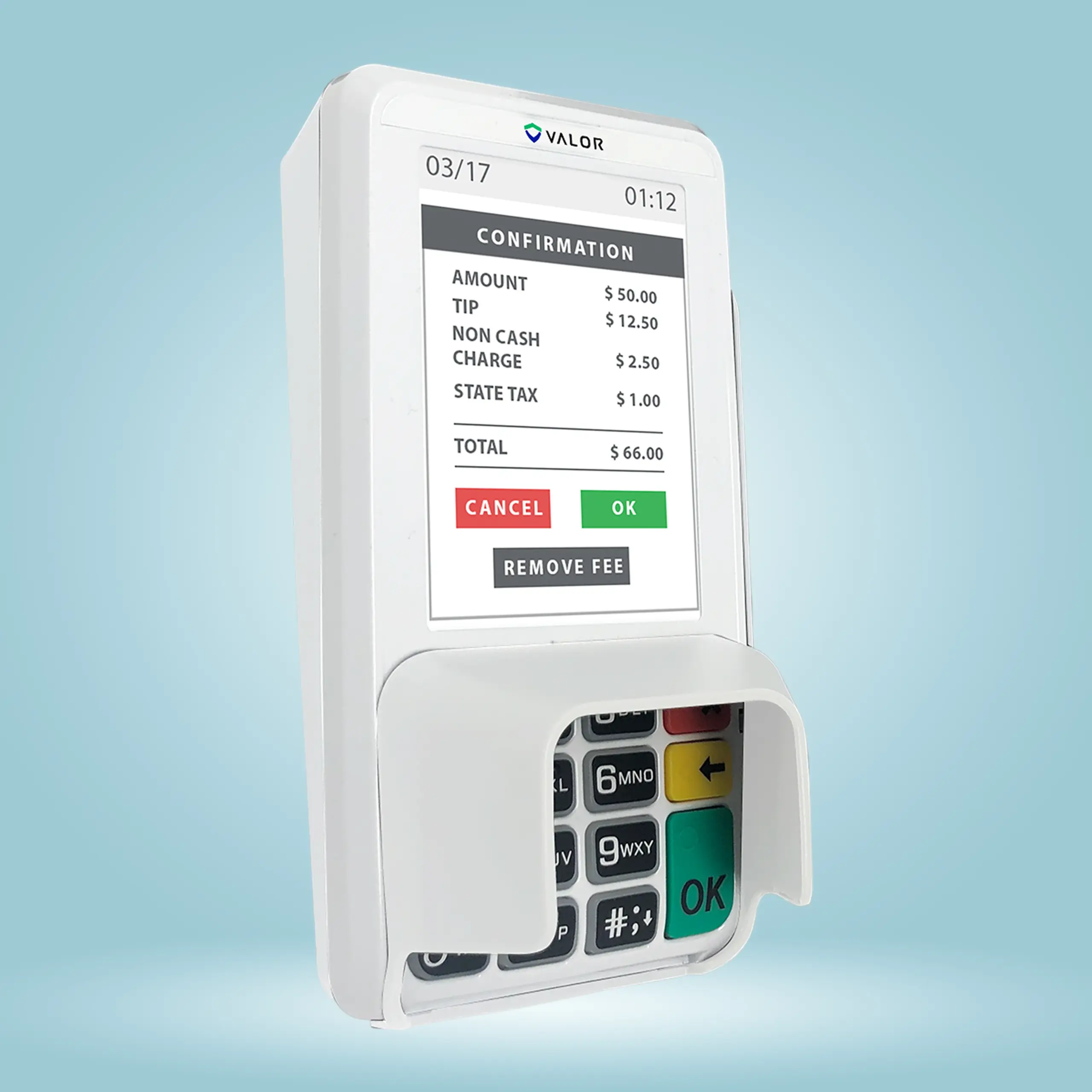 Valor VL300 Smart PIN Pad displaying transaction confirmation with a 3.5-inch screen and secure physical keypad